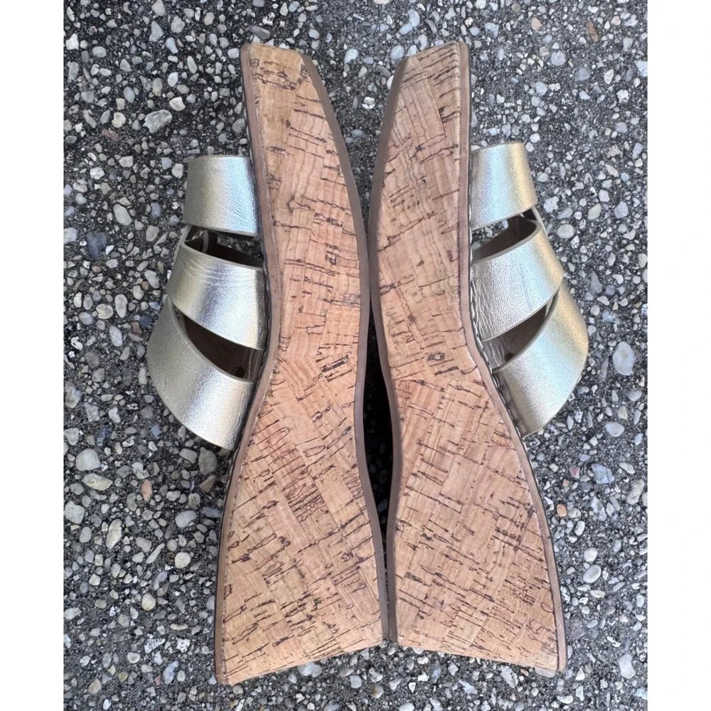 Sam Edelman Raynere Champagne Gold Leather Cork Wedge Platform Mules SZ 8.5